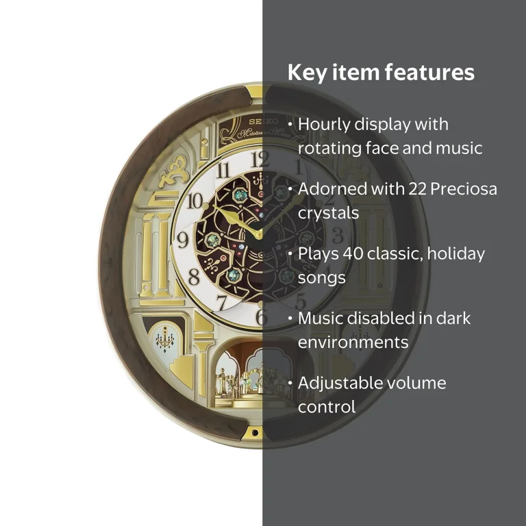 Seiko Melodies in Motion Wall Clock, Golden Pillars, Rotating Face