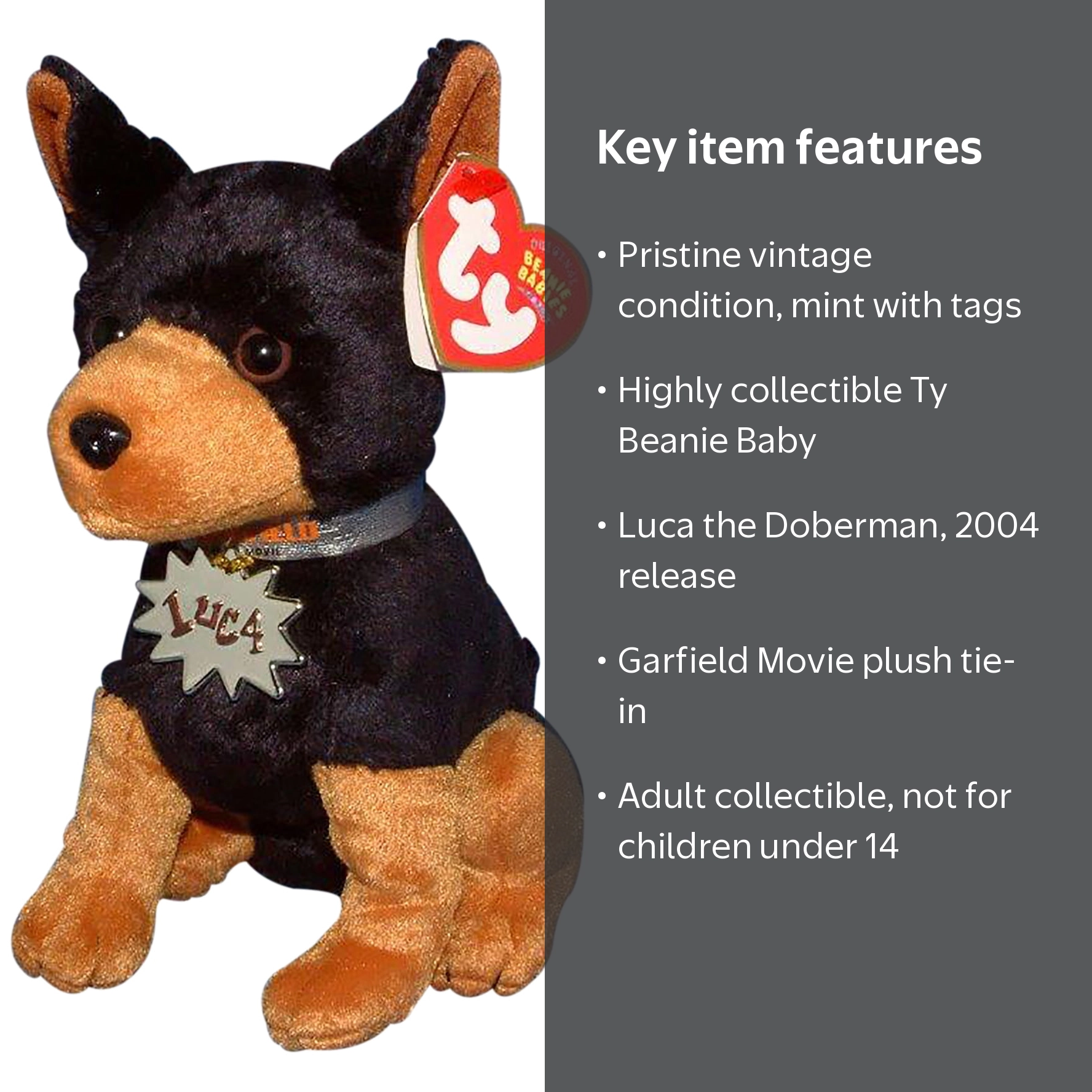 Ty Beanie Babies Luca the Doberman Dog Garfield Movie Plush 2004