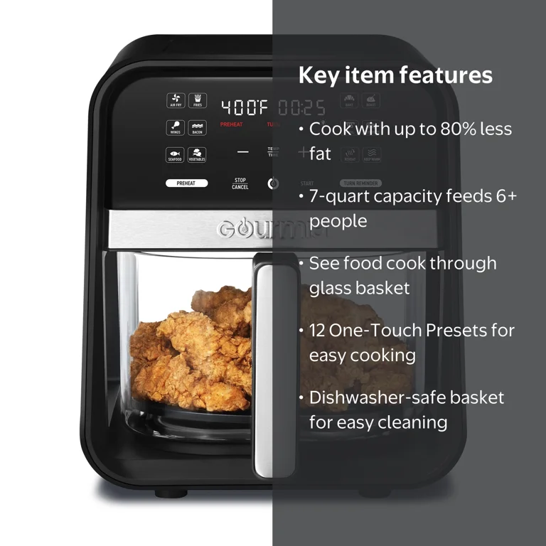 Gourmia 7-Quart Digital Air Fryer with Glass Basket and 12-One