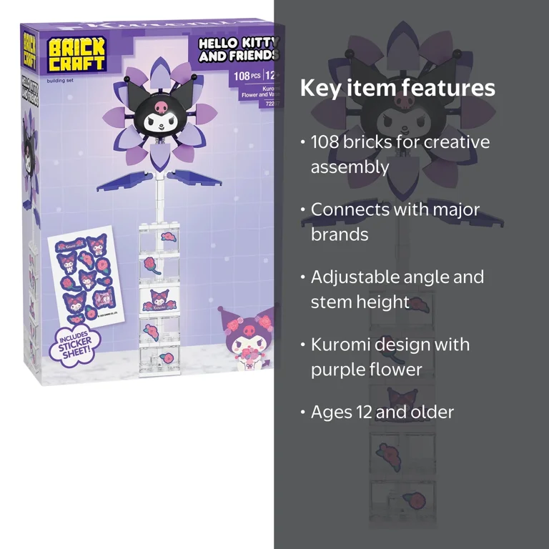 Brickcraft, Diy Building Kit, 108 Pieces, Kuromi Flower & Vase