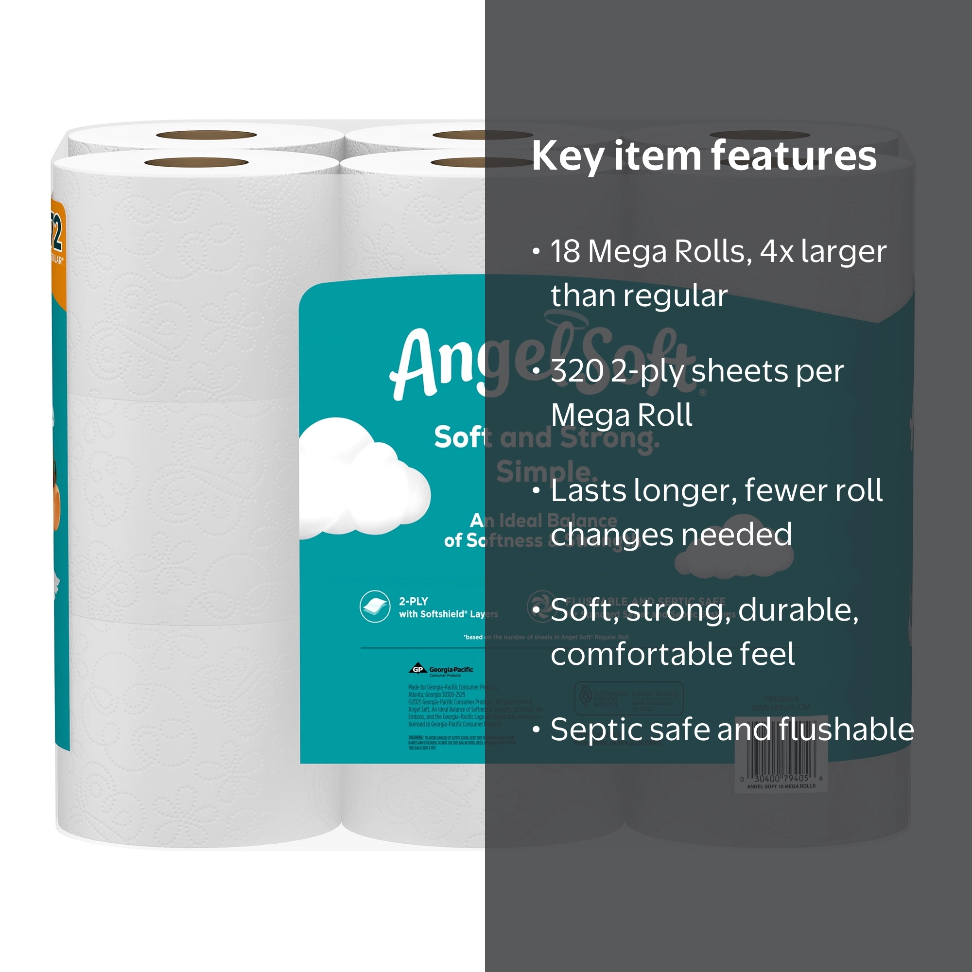 Angel Soft, Toilet Paper, 18 Mega Rolls, 320 Sheets per Roll