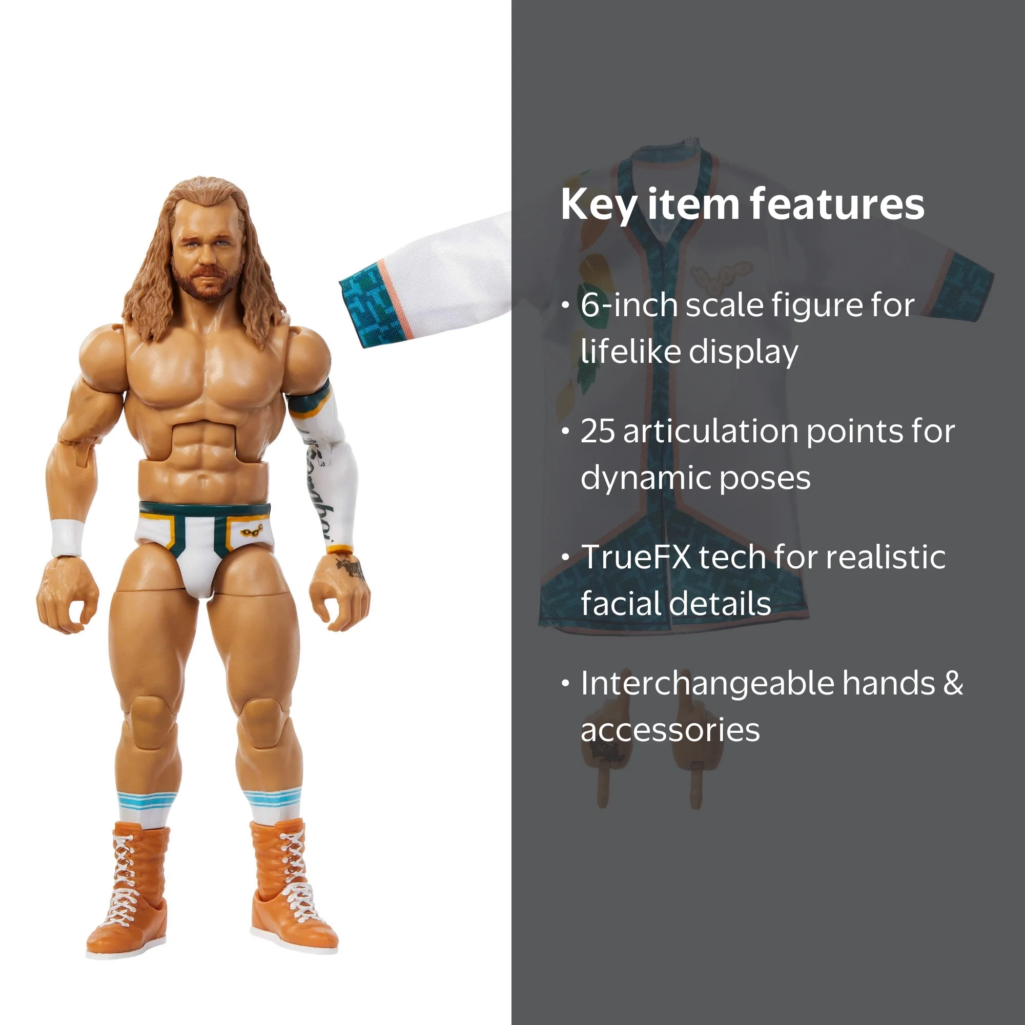Mattel WWE Elite Series 115 – Tyler Bate, Figura De Acción De 15,24 Cm Con 25 Puntos De Articulación, Manos Intercambiables Y Accesorios