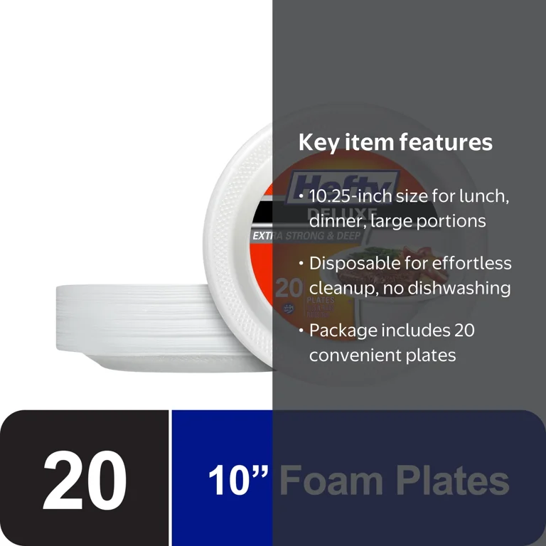 Hefty Deluxe Extra Strong and Deep Disposable Foam Plates, 10.25