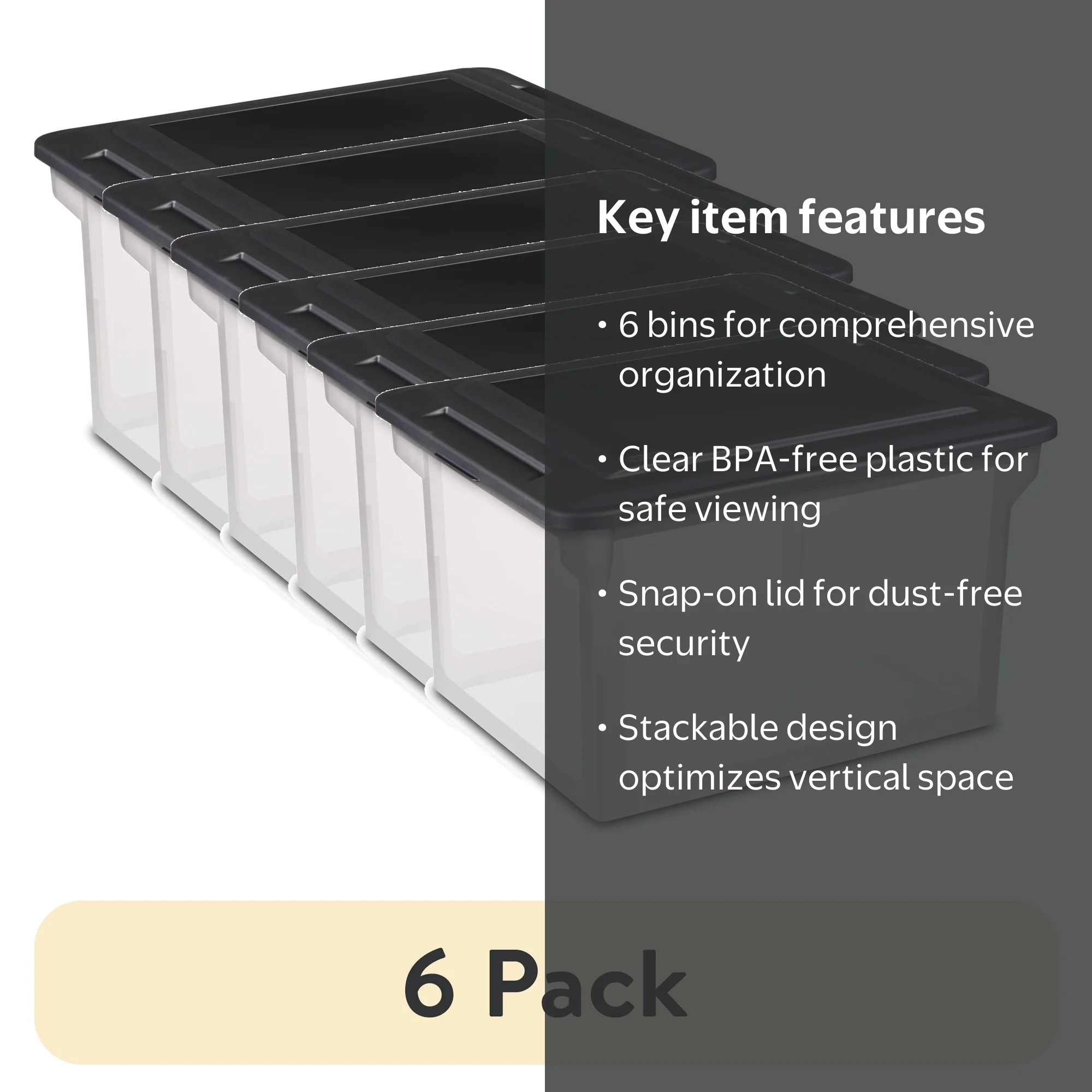 6 pack) Sterilite File Box, Clear Plastic Bin with Black Lid