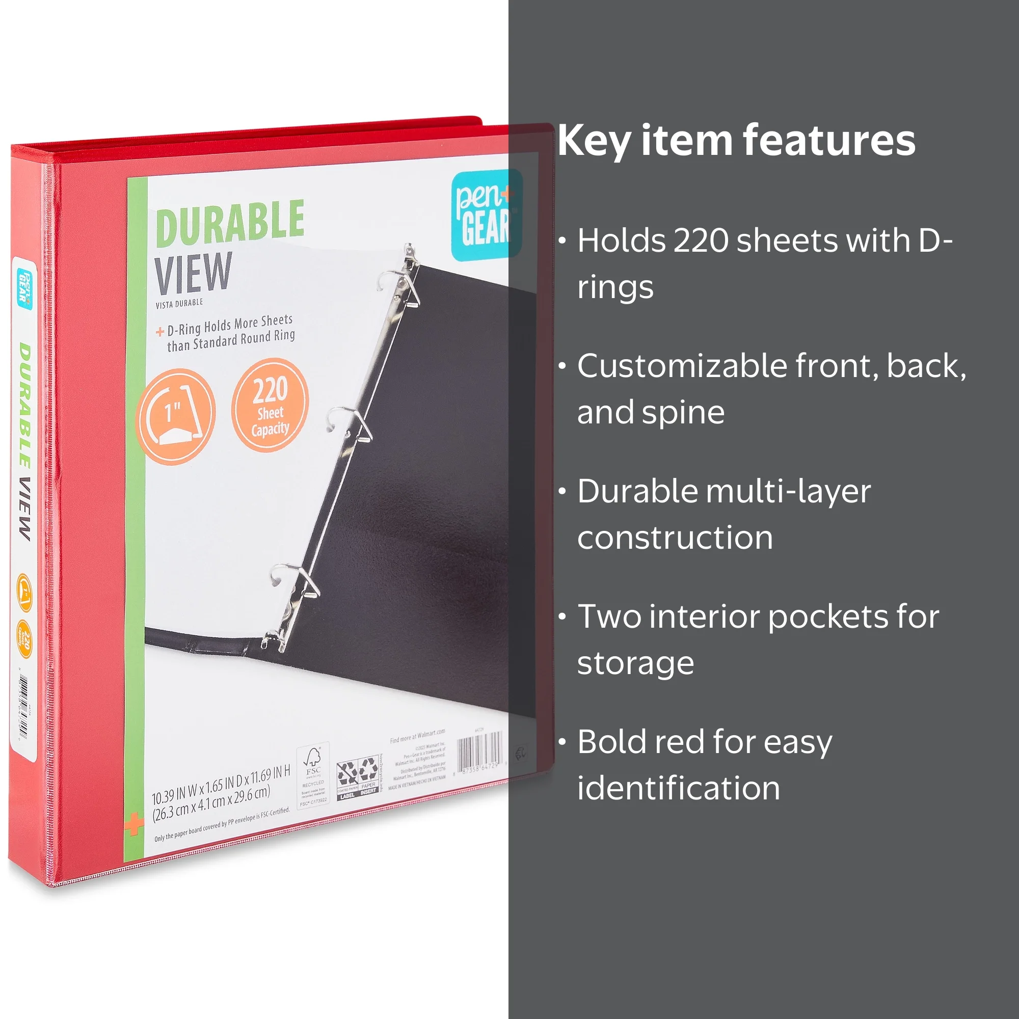 Pen+Gear Durable View 1 inch D-Ring Binder in Red, 220 Sheet