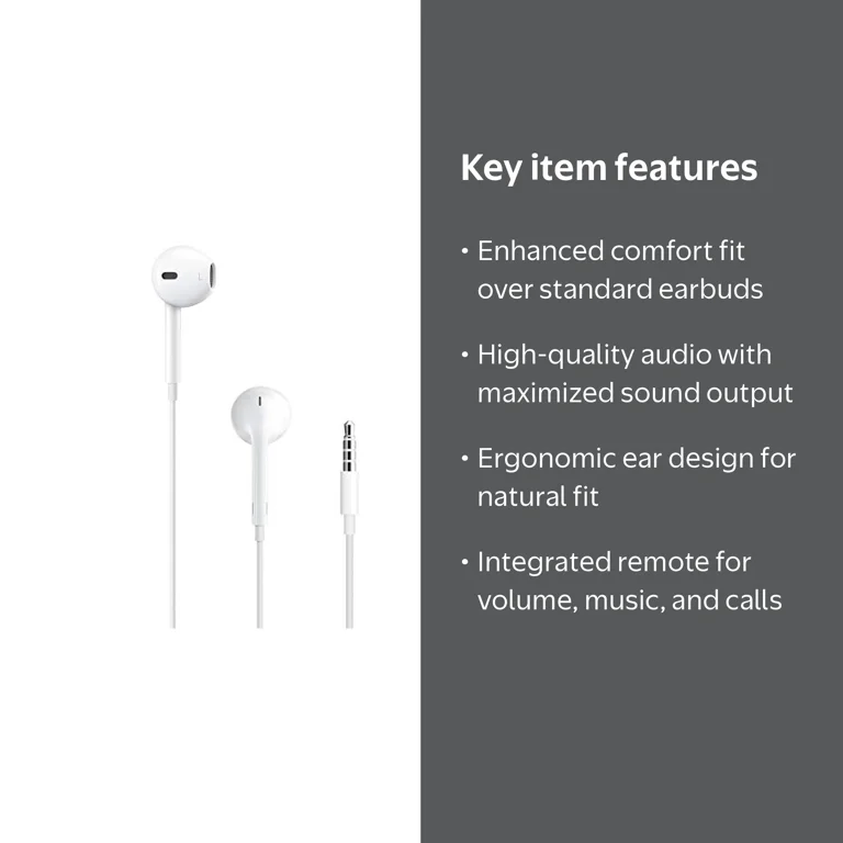 Apple, EarPods, 3.5 mm headphone plug, Comfortable fit - Walmart.com