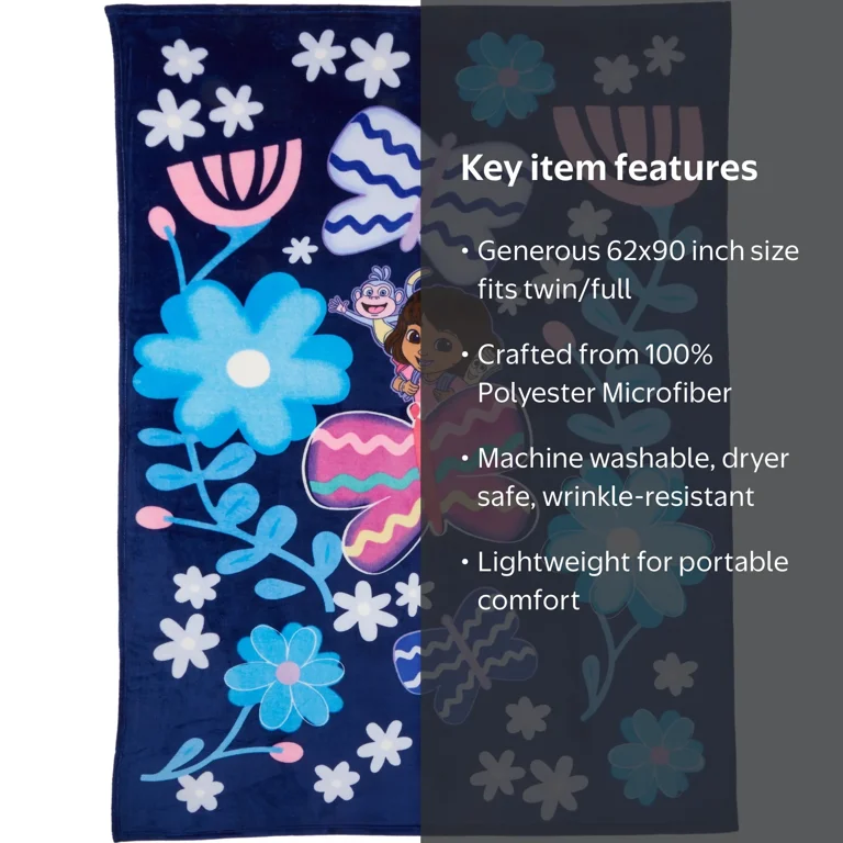 Dora Kids Blue Floral Print Fleece Bed Blanket, Twin/Full