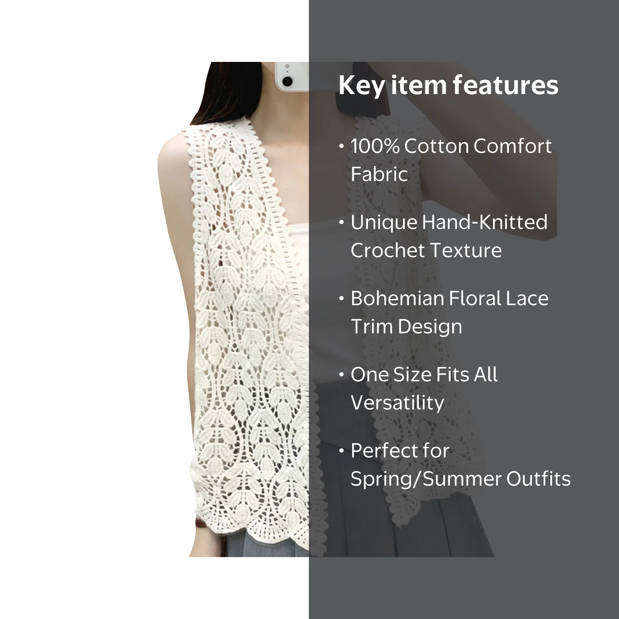 Dorkasm Womens Floral Crochet Lace Boho Trim Sleeveless Open Front