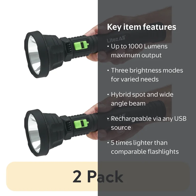 battery flashlight vs rechargeable Flashlights High Lumens, Super Bright LED Small Powerful Tactical with Memory Function, 6Modes Pocket Waterproof Flash Light for Home,Camping,Car,Emergency,Gifts for Men free use Litezall 2 Pack Rechargeable 1000