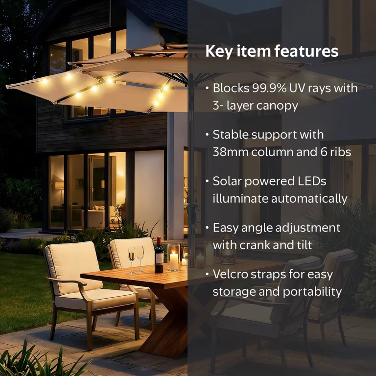 9 ft patio umbrella solar led Garvee 9FT with 32 Lights, Tilt & Crank Outdoor Market Umbrella, UV & Water Resistant, 8 Ribs Sunshade for Garden, Deck, Pool ft umbrella with LED lighting will keep you well lohasco 9 ft. Solar LED