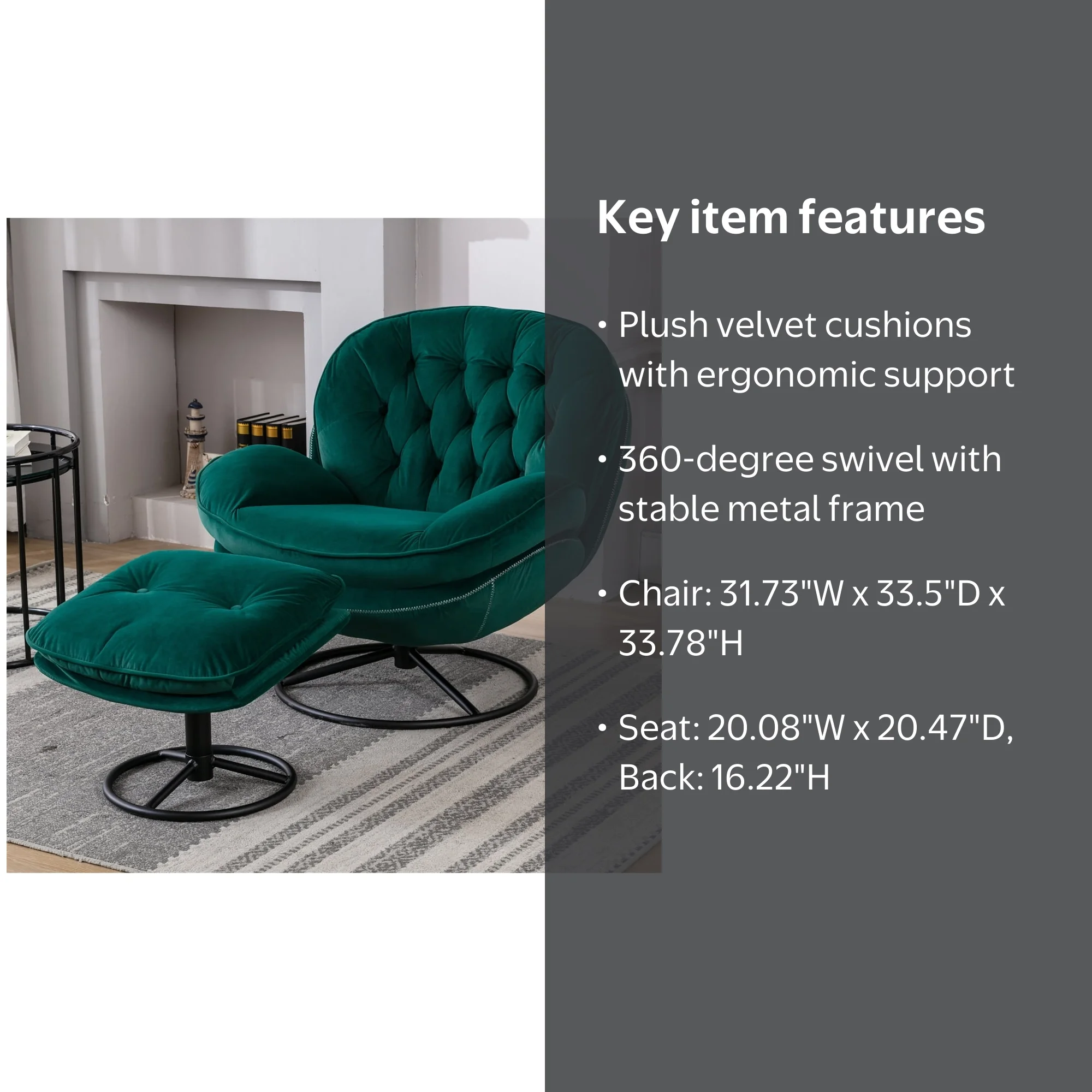 Triple Tree, Velvet Swivel Accent Chair with Ottoman, Green