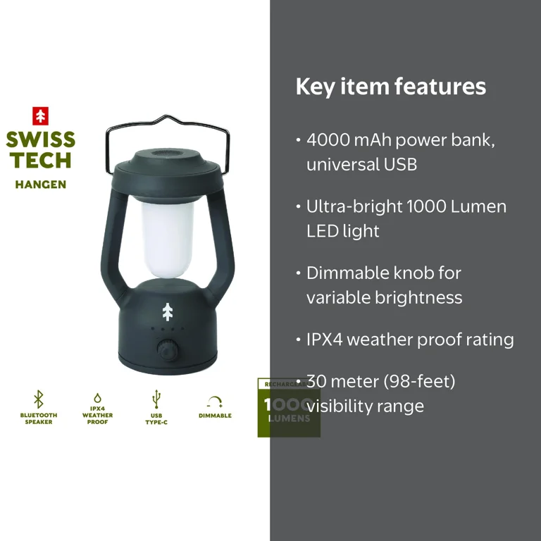 Swiss Tech LED Lantern with Bluetooth, IPX4, Dimmable, 1000 Lumen