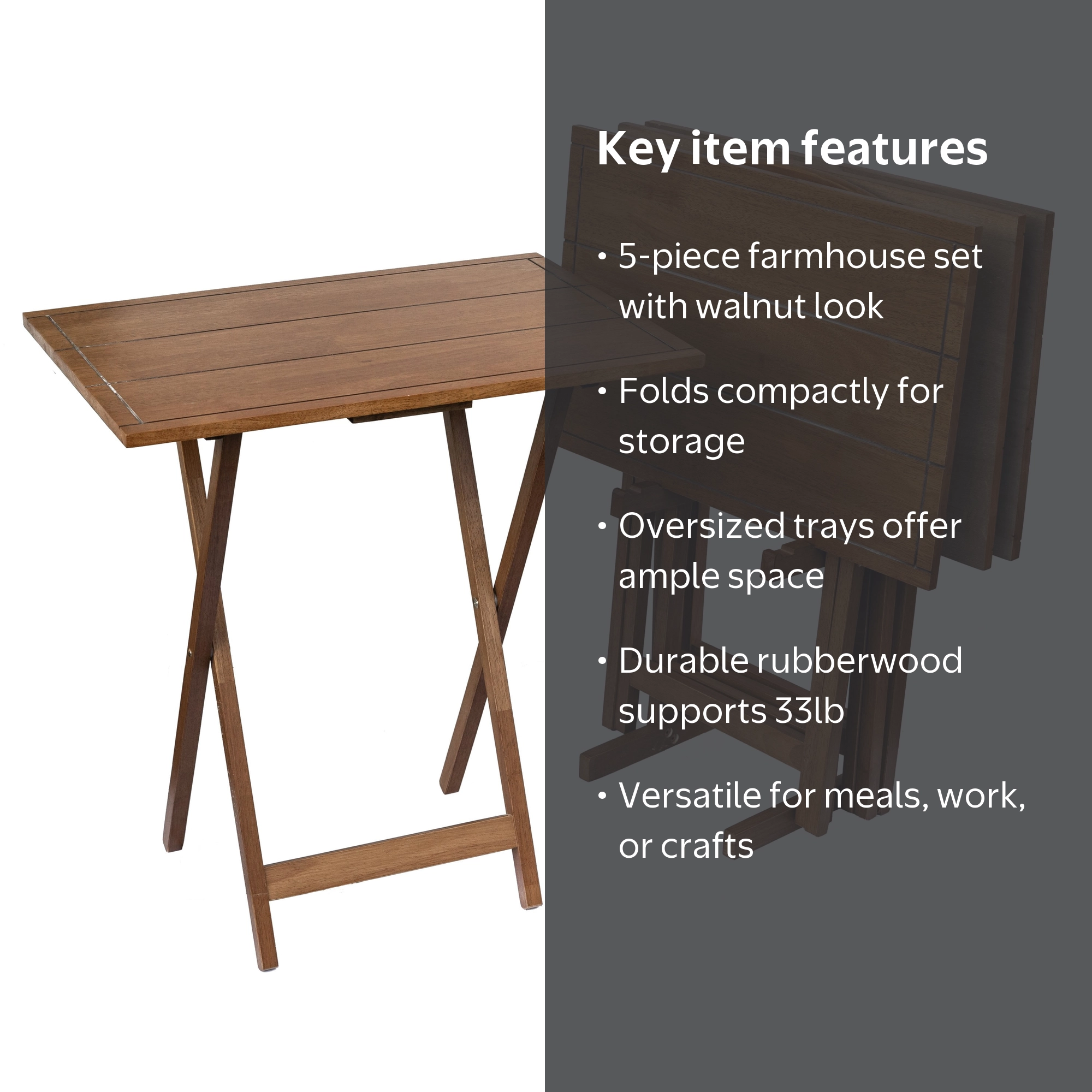 Mainstays 5-Piece Farmhouse XL Rubberwood Folding TV Tray Set with