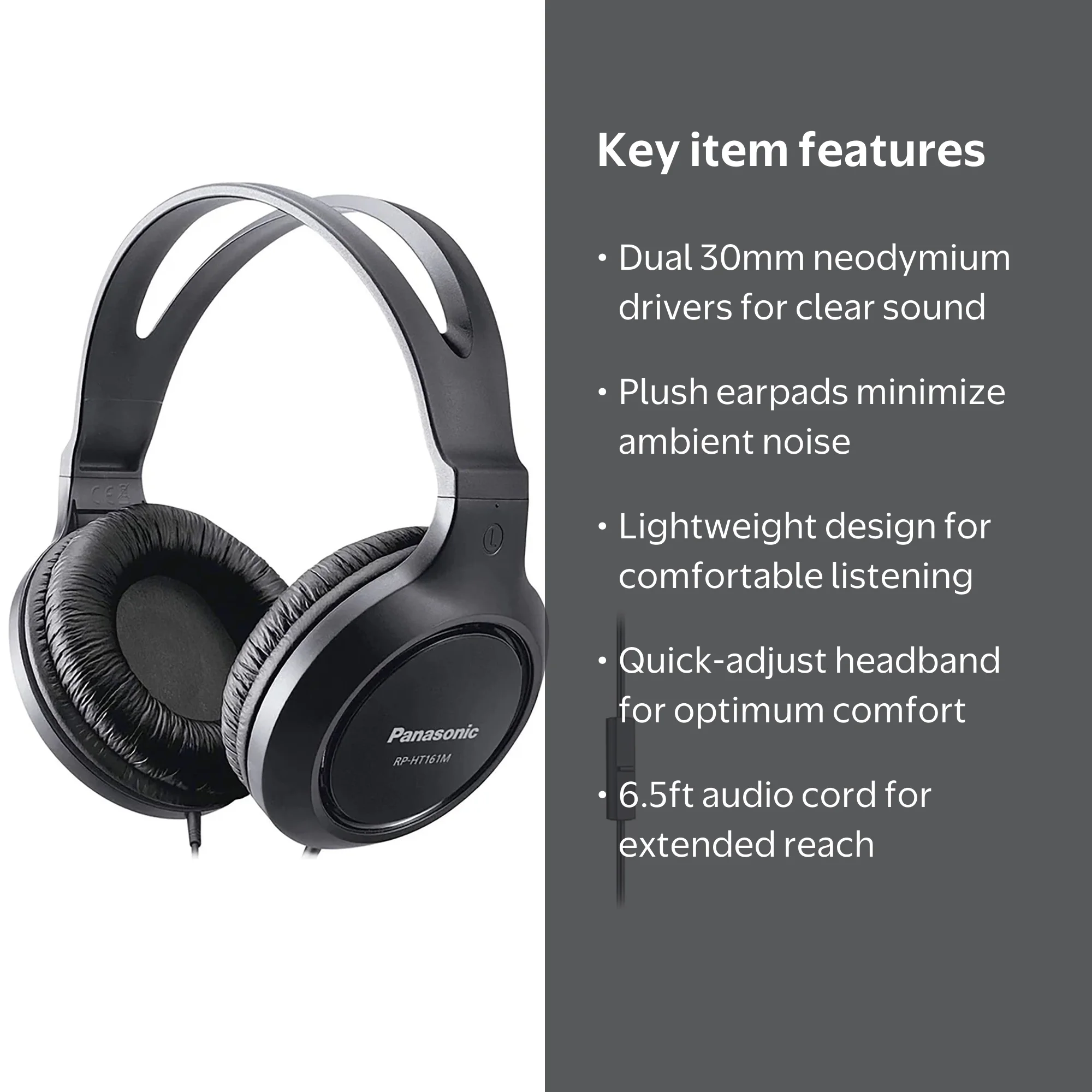 Panasonic, Full-Size Over-Ear Wired Headphones, RP-HT161-K, Black