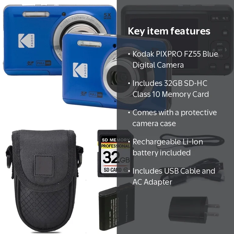 Kodak PIXPRO FZ55 Digital Camera (Blue) + Case + 32GB Memory Card