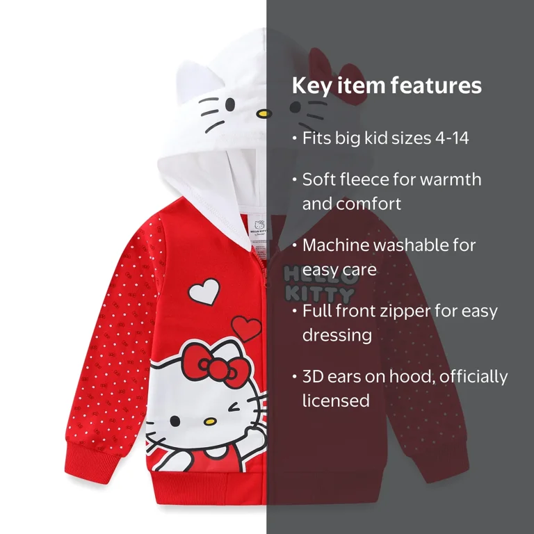 Hello Kitty Sanrio Fleece Zip Up Hoodie with Ears (Girls), Sizes 4