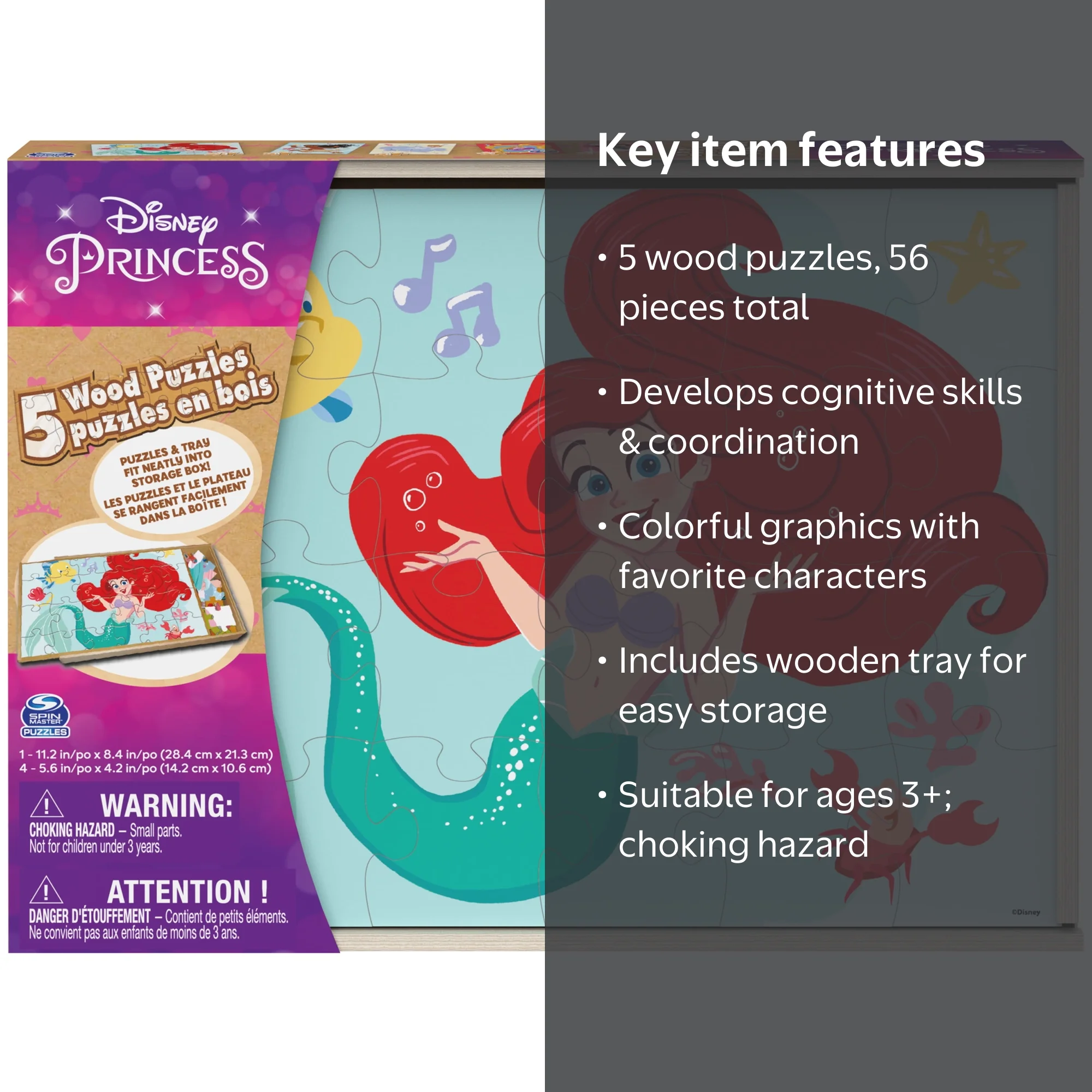 Spin Master Disney Princess Wood Jigsaw Puzzles 5-Pack for Kids 3+