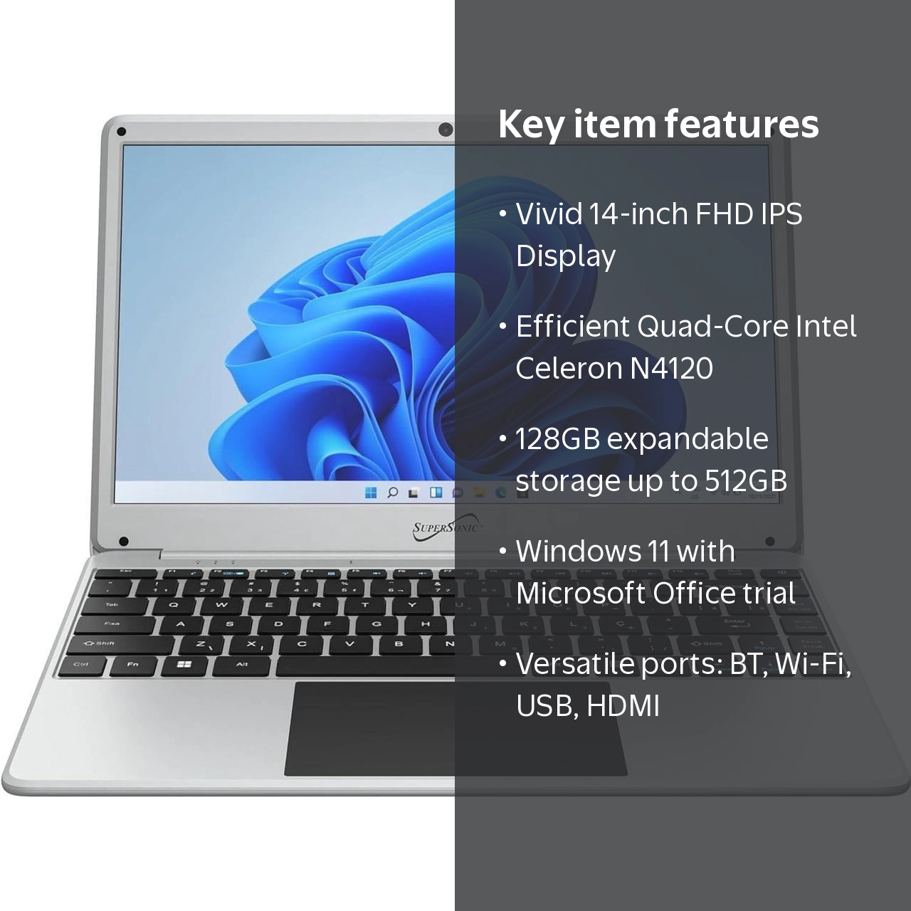 Supersonic 14-inch FHD Notebook Laptop, Intel Celeron N4120, 128GB