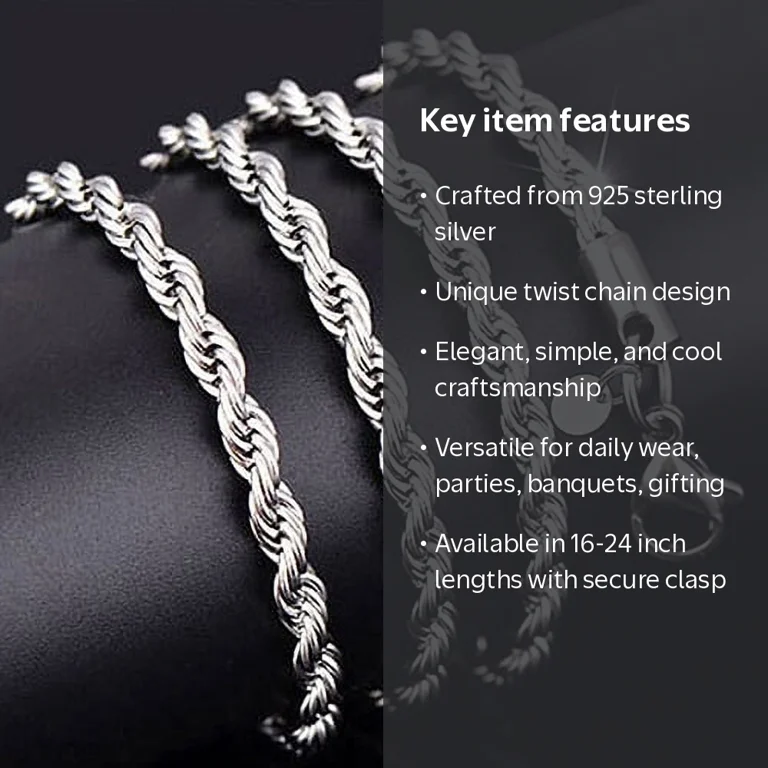 Jiaroswwei Unisex 925 Sterling Silver Twist Chain Necklace Fashion