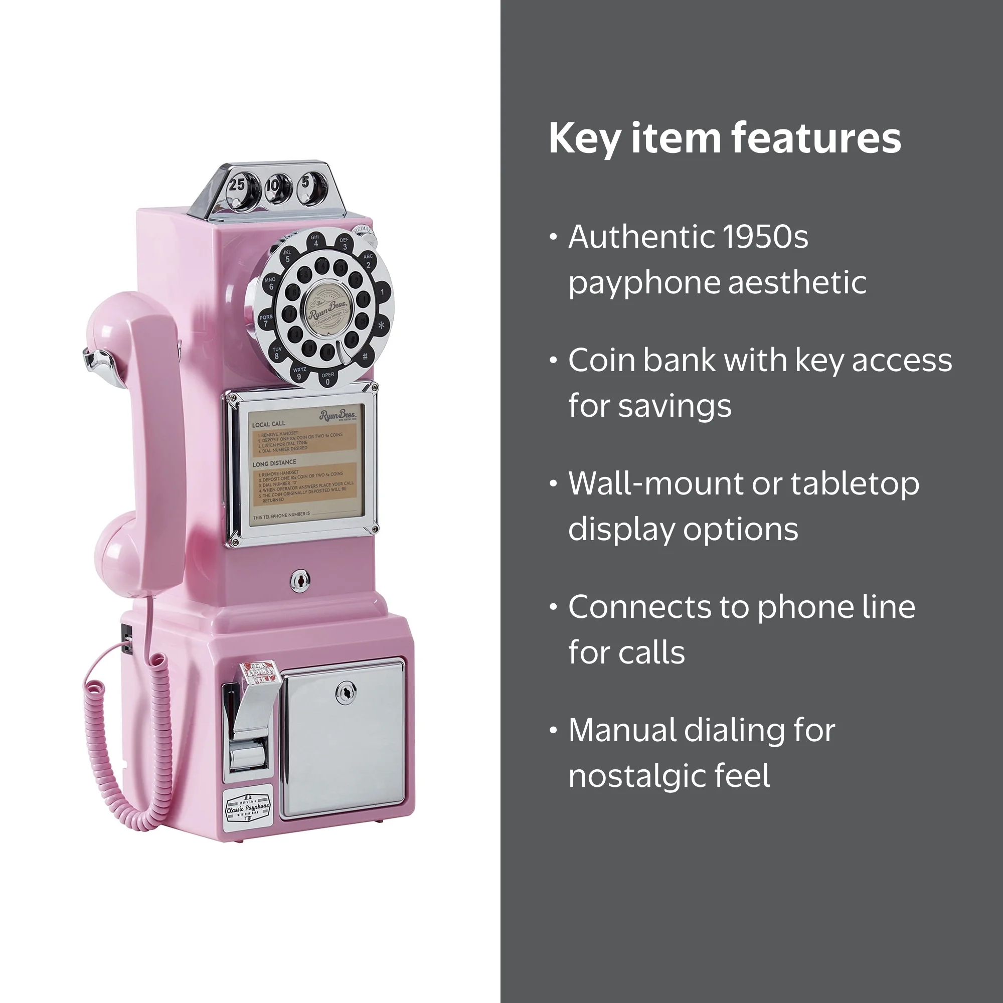 Ryan Bros 1950's Payphone, Coin Bank Wall-Mount Corded Phone, Pink