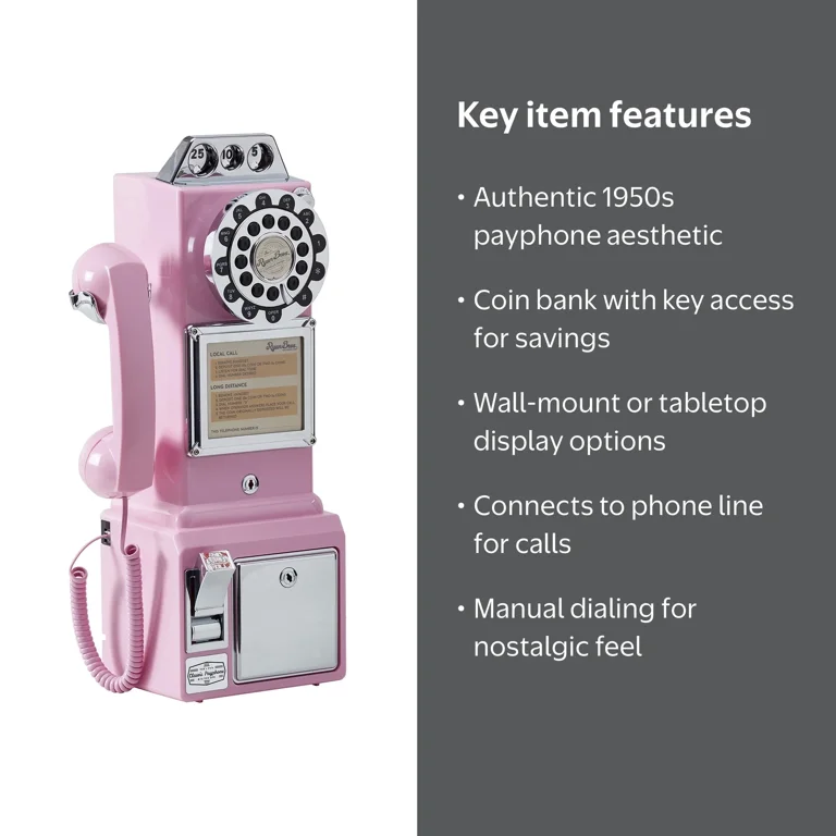 Ryan Bros 1950's Payphone, Coin Bank Wall-Mount Corded Phone, Pink