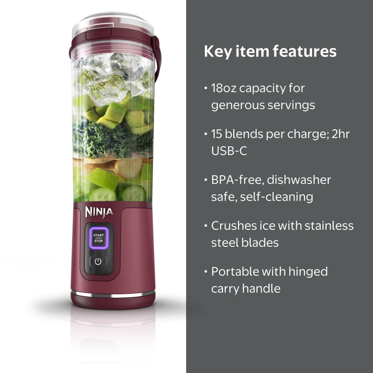 Ninja, Blender, 18 Oz, Rechargeable, Leak Proof Cranberry Red