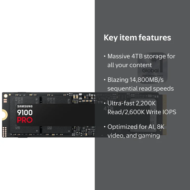 Samsung SSD 9100 PRO 4TB PCIe 5.0x4 M.2 2280, Speeds Up to 14,800
