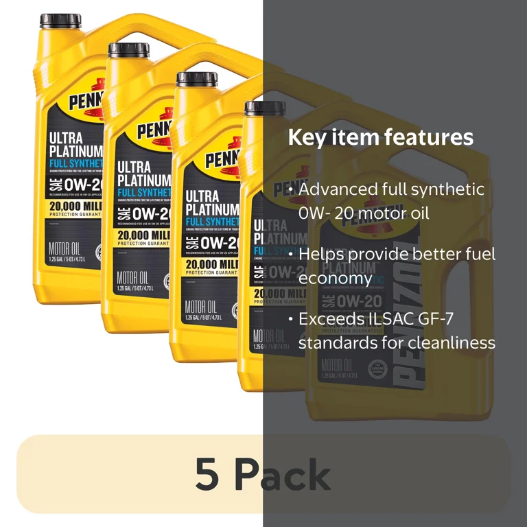 5 pack) Pennzoil Ultra Platinum Full Synthetic 0W-20 Motor Oil, 5 5 pack) Pennzoil Ultra Platinum Full Synthetic 0W-20 Motor Oil, 5
