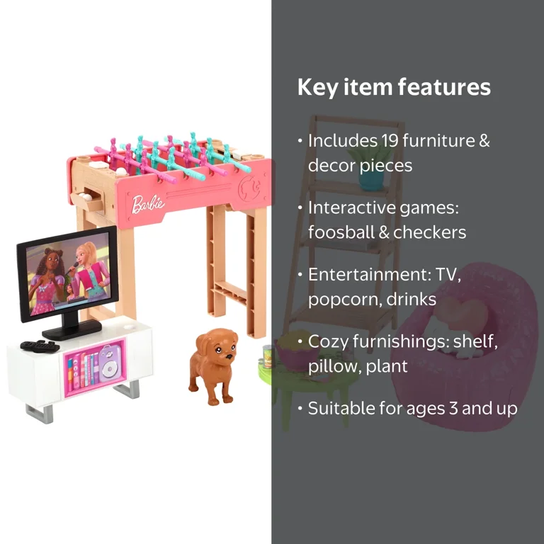 Barbie World Game Room Set with 19 Dollhouse Accessories