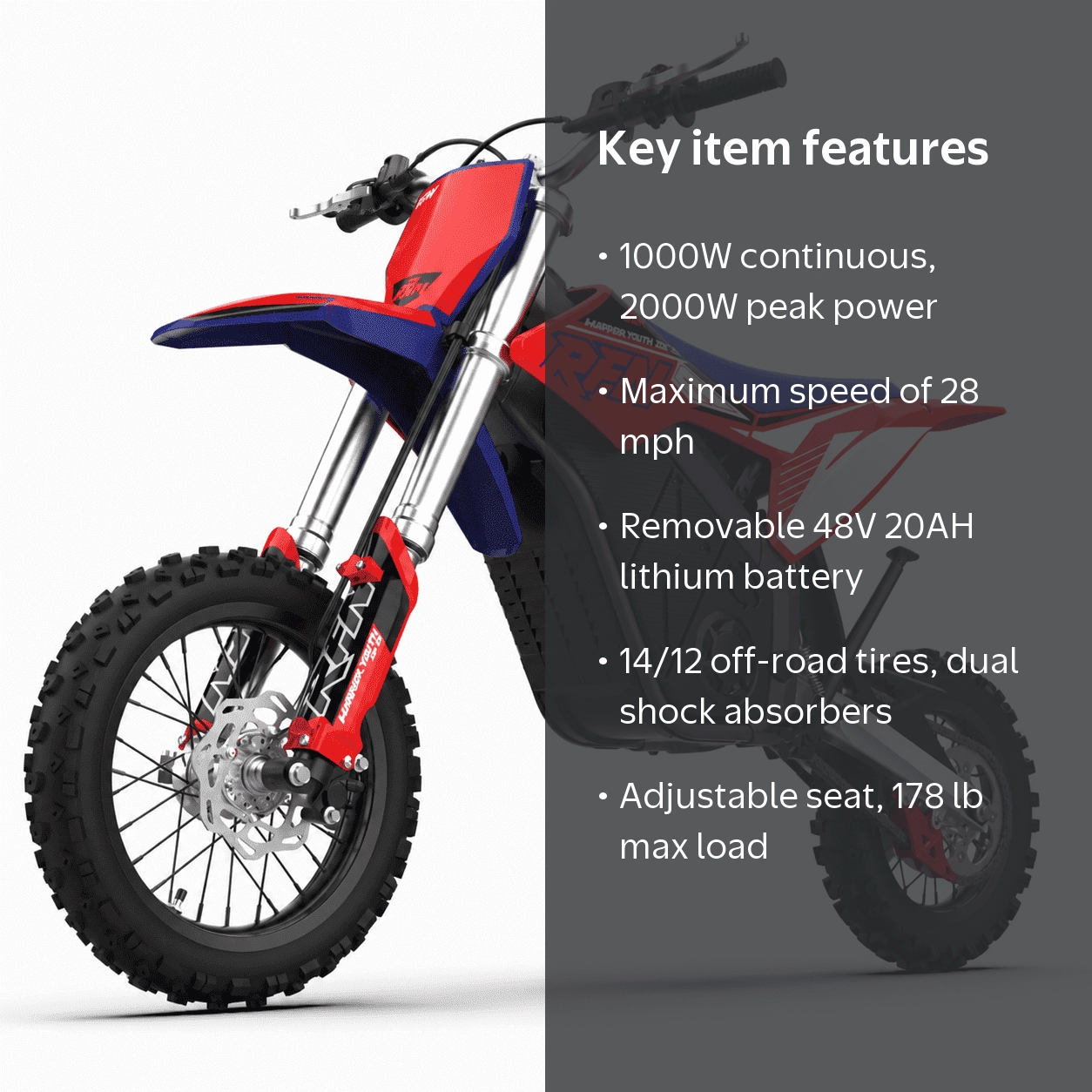 RFN Warrior Youth SX-E2 Electric Dirt Bike - MAX 2000W Powerful