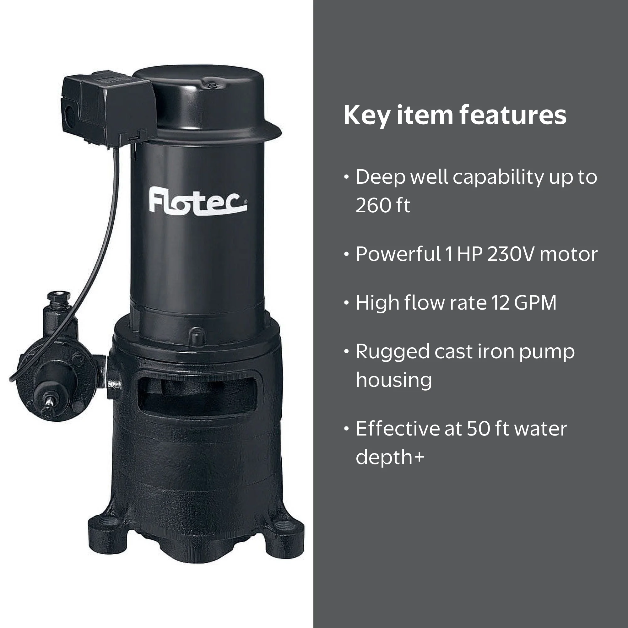 Flotec 1 HP Vertical Deep Well Jet Pump, Rugged Cast Iron, 230V
