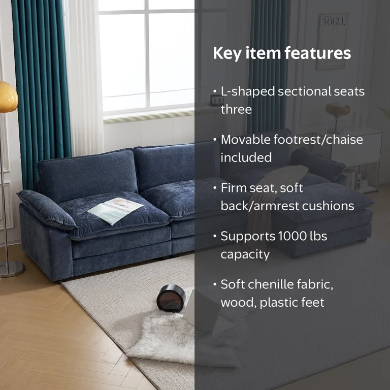 Ktaxon Sectional Sofa L Shaped Couch with Chaise Living Room Sleeper Set, 3 Seats with Chenille and Double Layer Cushions 120