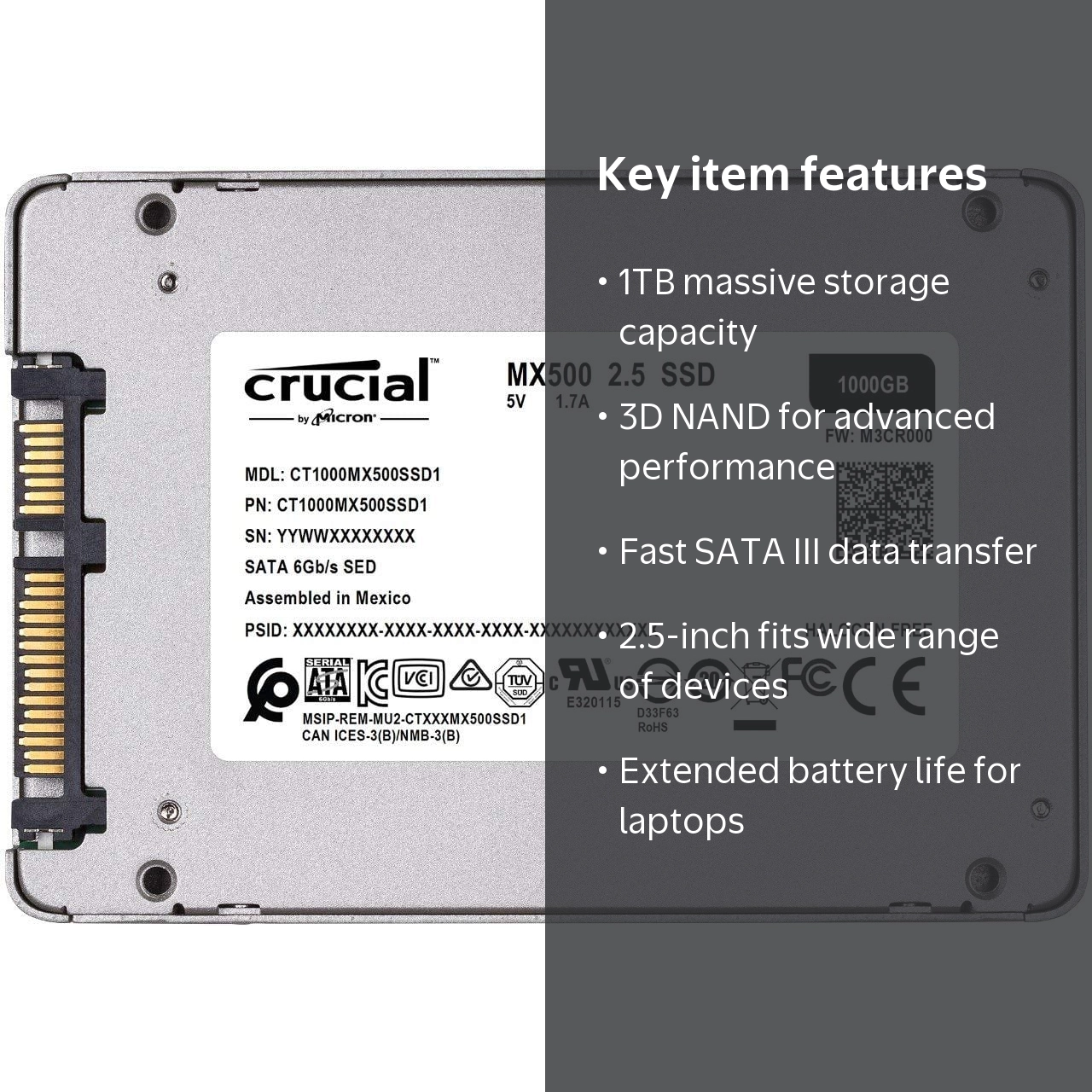 Crucial, 1TB SATA Internal Solid State Drive, CT1000MX500SSD1