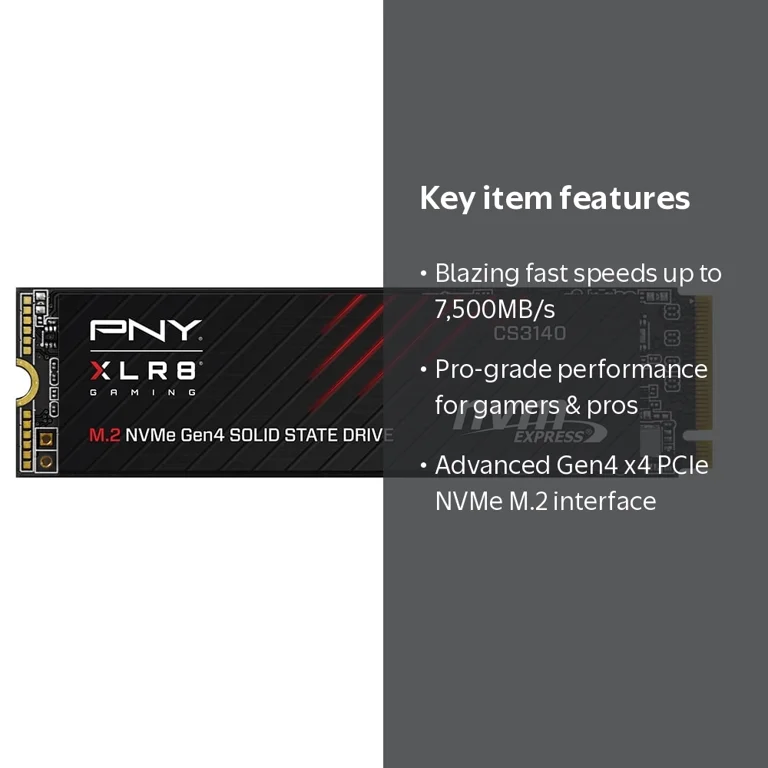 PNY CS3140 1TB Gen4 x4 PCIe NVMe M.2 SSD, 7,500/5,650 MB/s