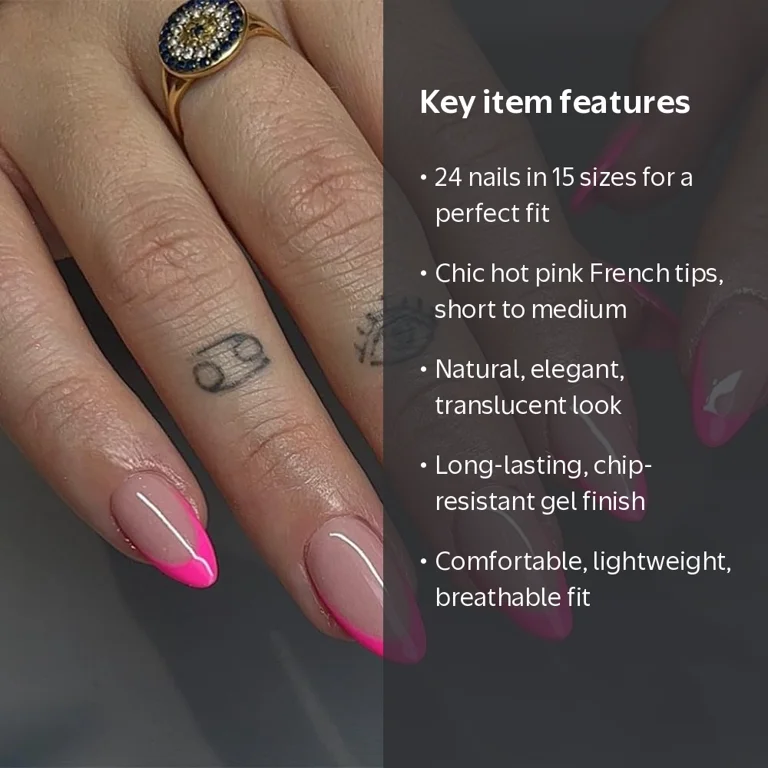 24 PCS Hot Pink French Tip Press On Nails Short Almond,Medium Fake