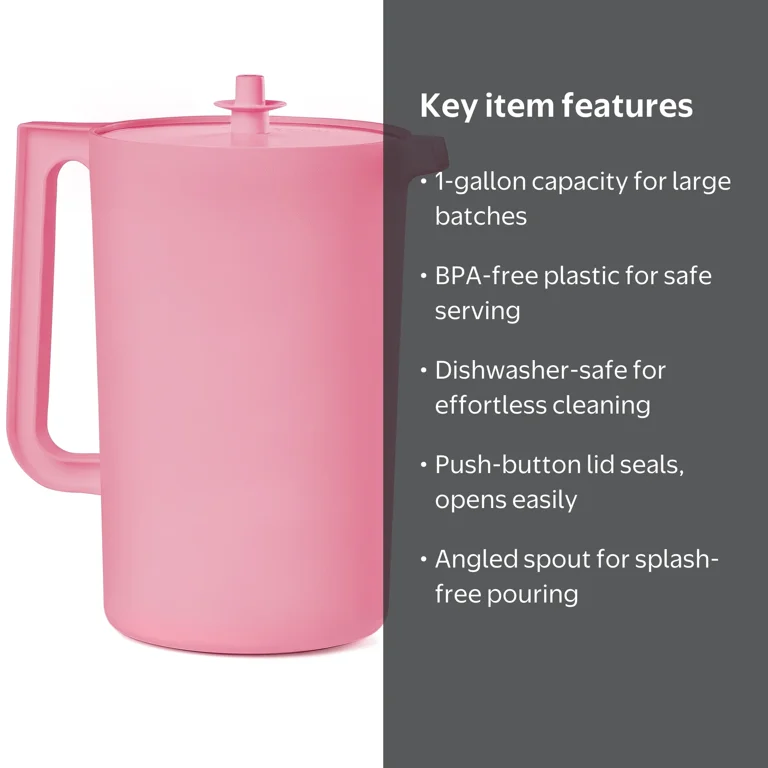 Tupperware Heritage 1 Gallon Plastic Pitcher with Lid, Pink