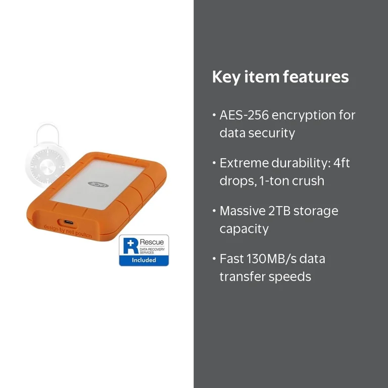 LaCie Rugged Secure USB-C 2TB All-Terrain Encrypted Portable Hard