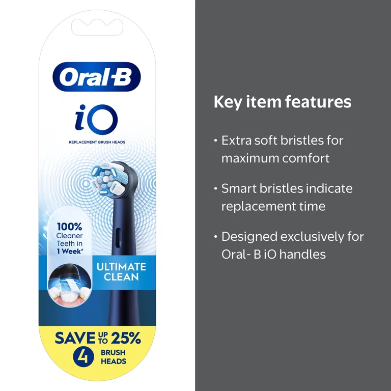 Oral-B iO Toothbrush Heads, Ultimate Clean Replacement, Black, 4 count