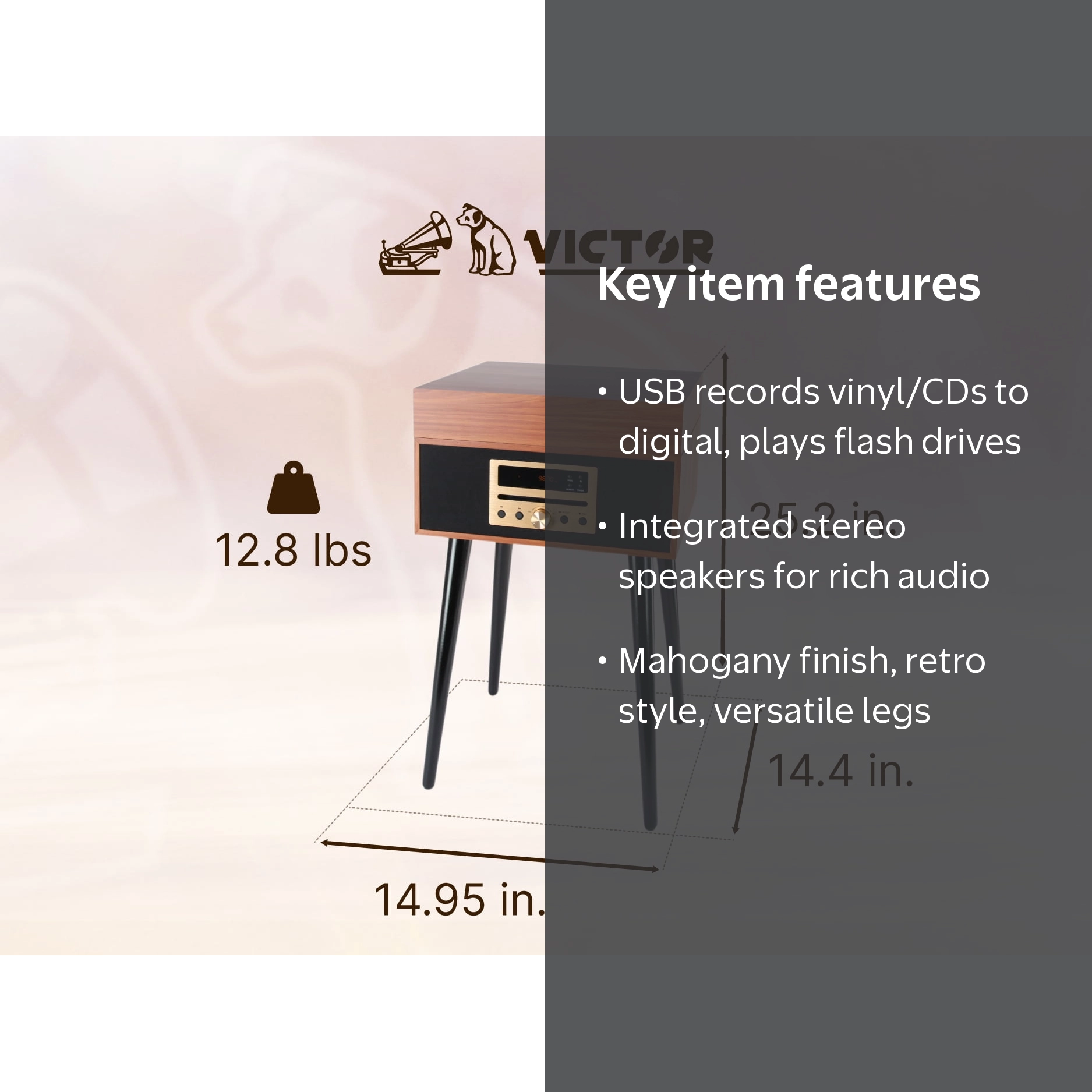 Victor Newbury 8-in-1 Stereo System with CD Player, Chair-Height