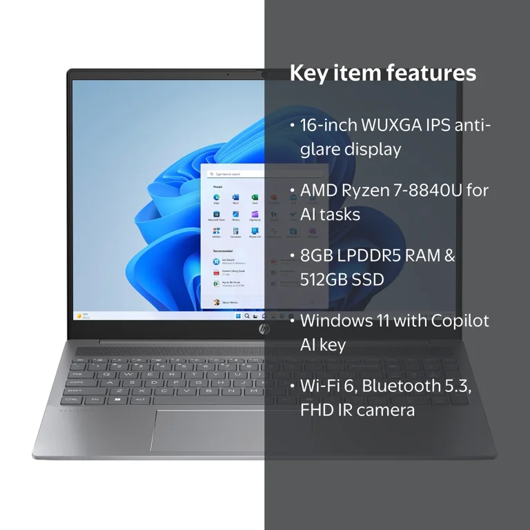 HP Pavilion 16 inch Laptop AMD Ryzen 7-8840U AI PC 8GB RAM 512GB