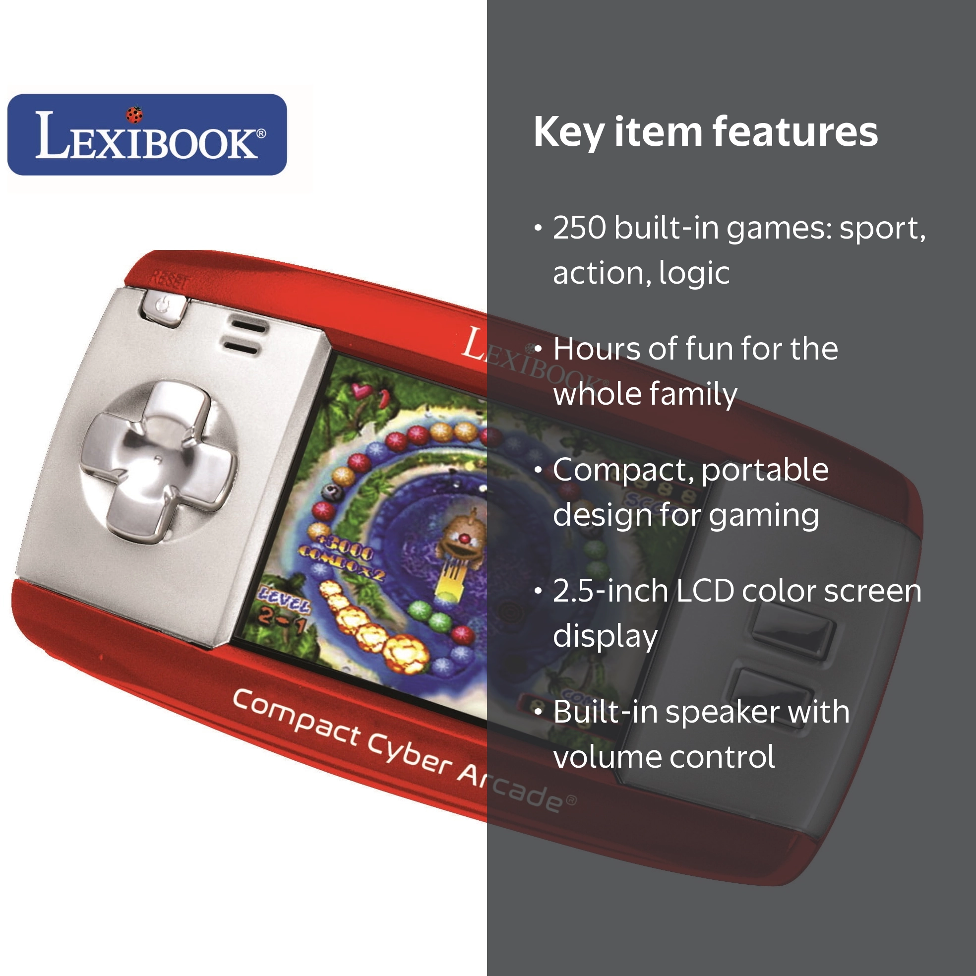 Lexibook Compact Cyber Arcade Portable Gaming Console, 250 Games