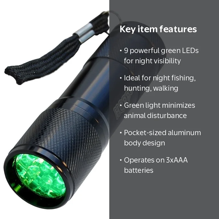 HQRP Powerful 9 LED Green Light Flashlight, Durable Aluminum Body