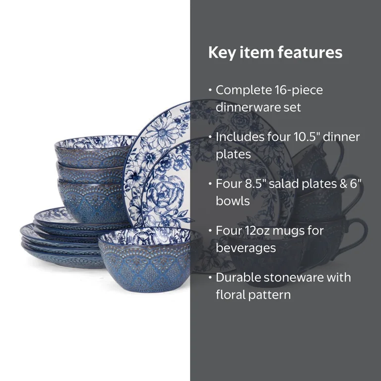 Pfaltzgraff, Dinnerware Set, Gabriela Blue 16-Piece, Stoneware