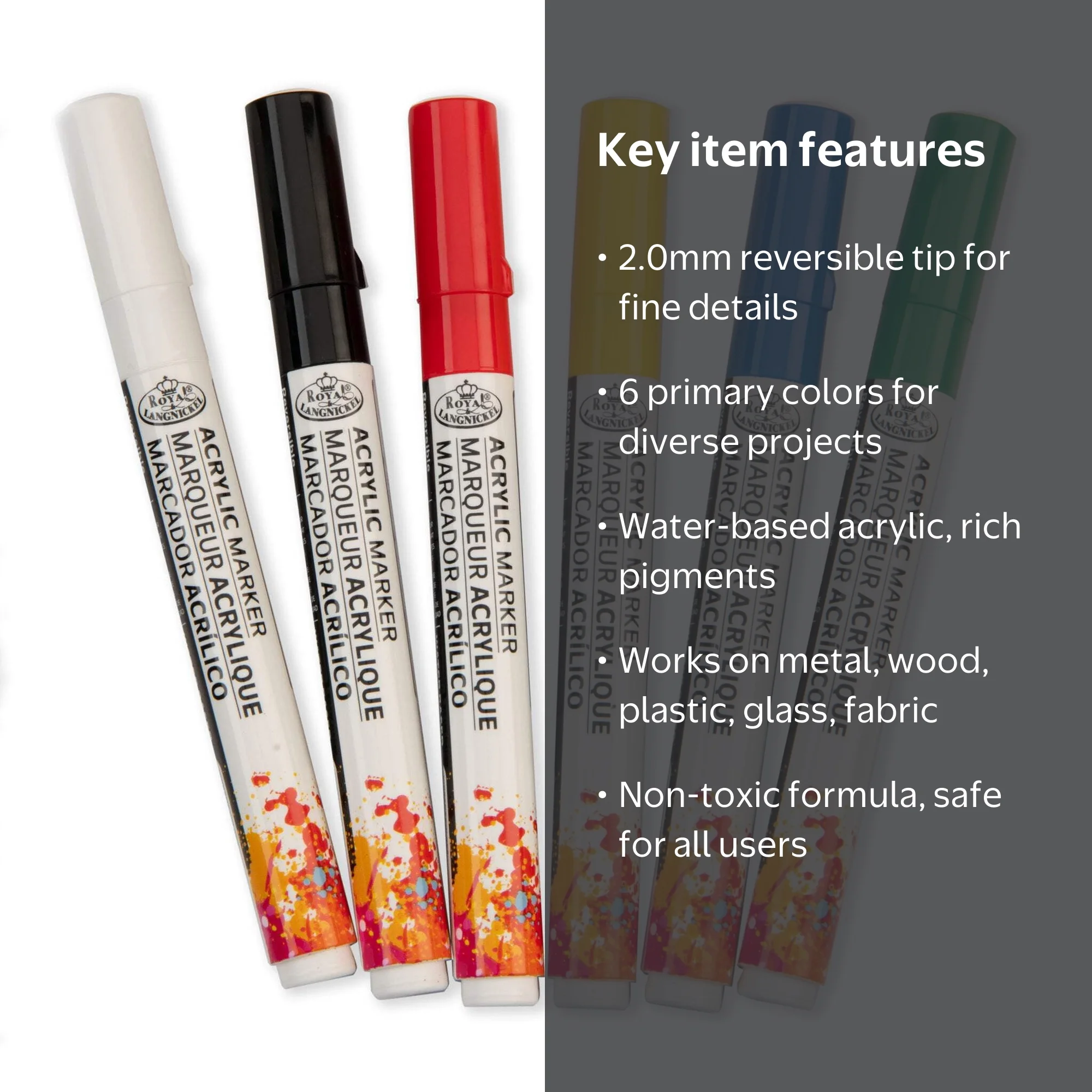 Royal & Langnickel, Acrylic Marker Set, 6 Piece, Reversible Tips