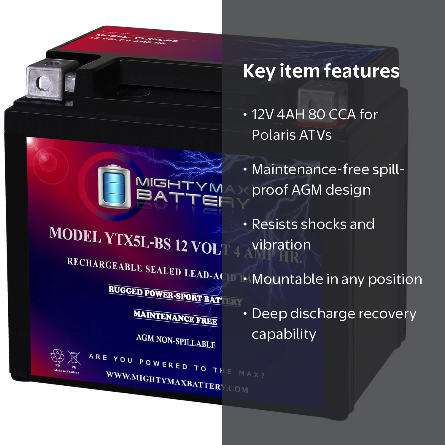 YTX5L-BS Battery for Polaris 90 Predator/Sportsman/Outlaw 03-14 YTX5L-BS Battery for Polaris 90 Predator/Sportsman/Outlaw 03-14