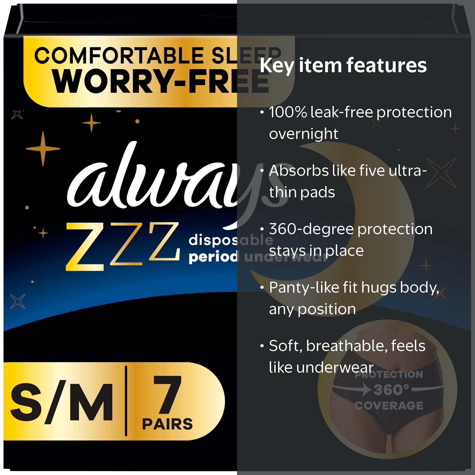 Always ZZZ Overnight Disposable Period Underwear Size S-M, 7 Count