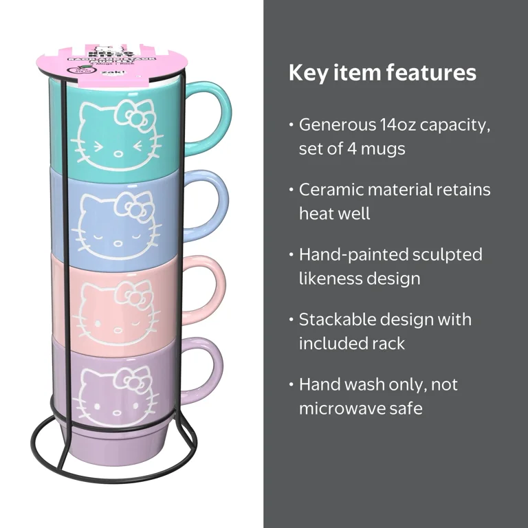 Zak Designs 14oz 4pc Hello Kitty Ceramic Stacking Mugs in Wire