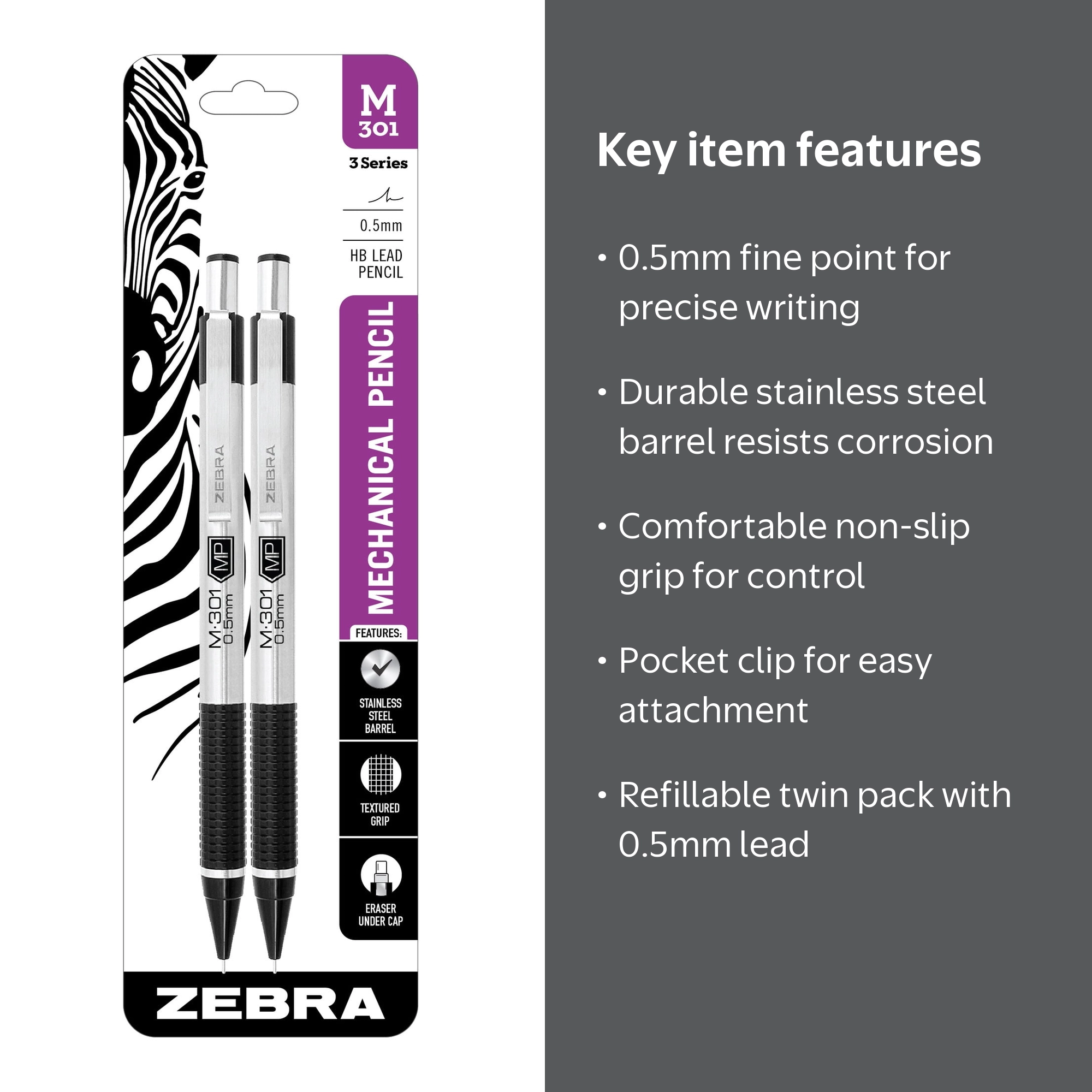 Zebra Pen, Mechanical Pencil, M-301 0.5mm, Stainless Steel 2pk