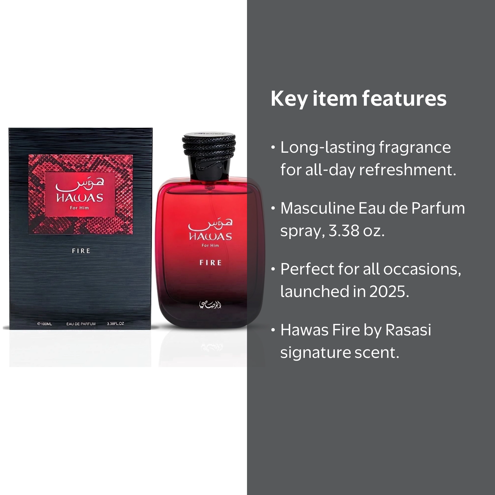 Rasasi Hawas Fire for Men, 3.38 oz EDP Spray, Aromatic Aquatic
