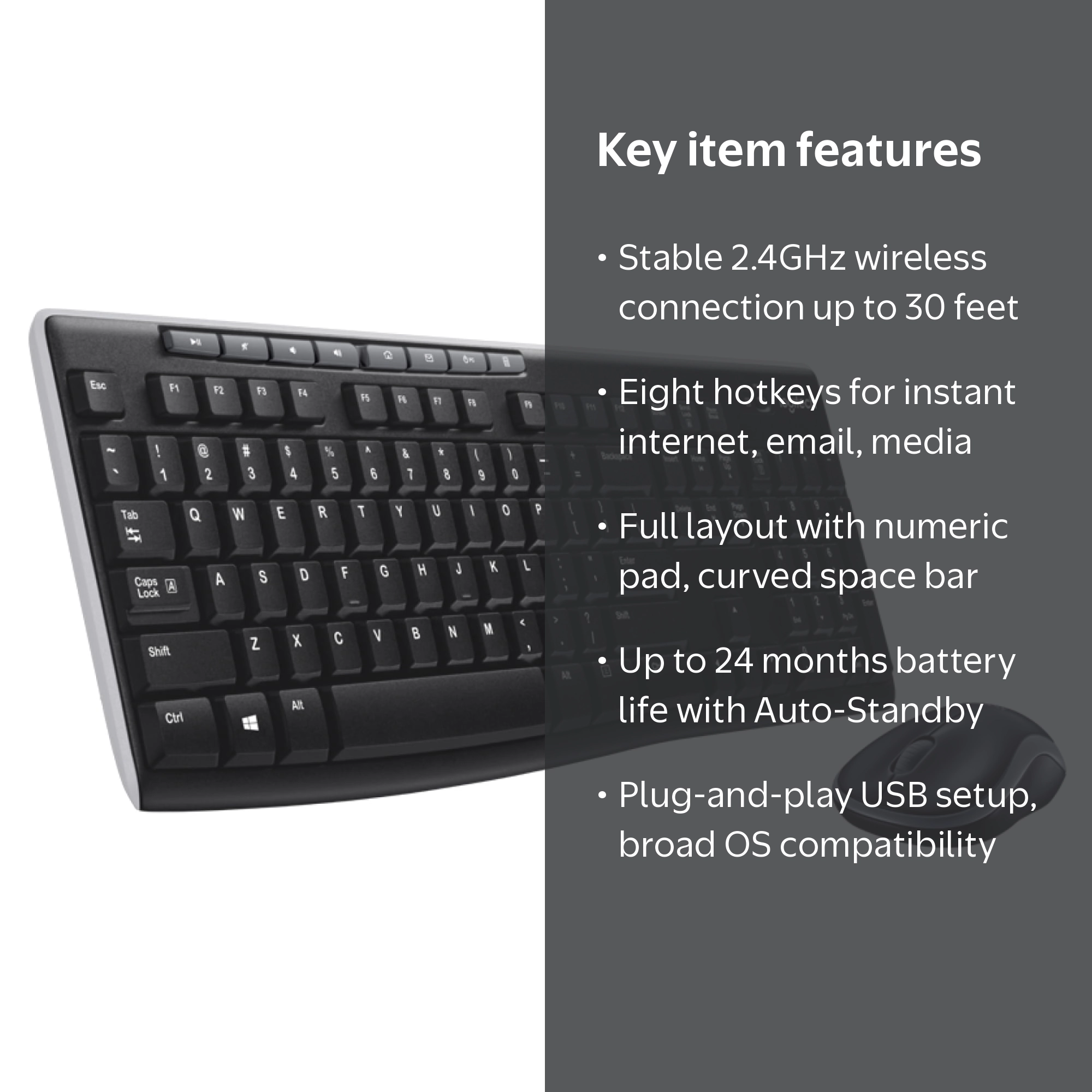 Logitech K270 Wireless RF Full-Size Keyboard, Black, USB - Walmart.com